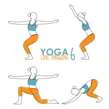 Continuous line drawing of woman yoga pose or asana posture. Female exercising for body stretching.  4 Yoga poses for workout in contour free hand drawing. Vector Illustration.  clipart