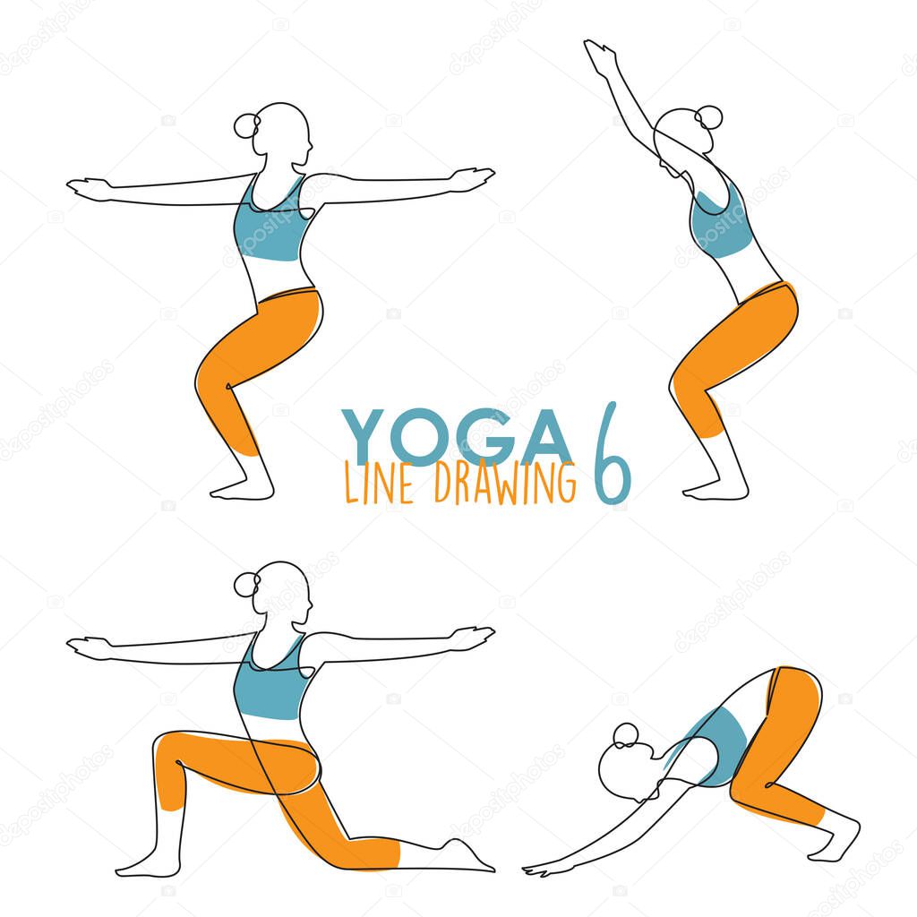 Continuous line drawing of woman yoga pose or asana posture. Female exercising for body stretching.  4 Yoga poses for workout in contour free hand drawing. Vector Illustration. 