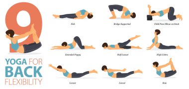 Infographic 9 Yoga düz tasarımda Sırt Esnekliği kavramında egzersiz için poz veriyor. Kadınlar vücut esneme egzersizi yapıyor. Fitness bilgisi için yoga duruşu ya da asana. Düz Çizgi film Vektör İllüstrasyonu.