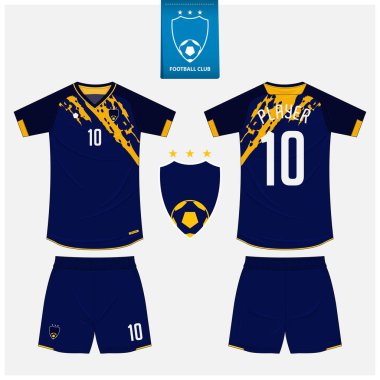 Futbol forması ya da spor kulübü için futbol takımı şablonu tasarımı. Futbol tişörtü, şort modeli. Futbol forması ön tarafta, arka planda. Düz dizaynlı futbol logosu. Vektör İllüstrasyonu.