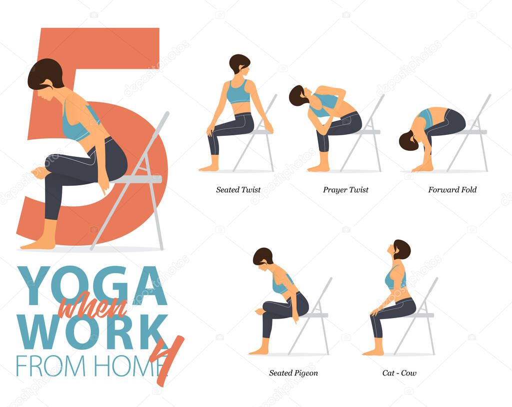 Infographic 5 Yoga poses for workout at home in concept of working at home in flat design. Women exercising for body stretching. Yoga posture or asana for fitness infographic. Flat Cartoon Vector Illustration.