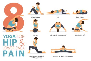 Infographic 8 Yoga, düz tasarımda kalça ve bel ağrısı kavramında evde egzersiz için poz veriyor. Kadınlar vücut esneme egzersizi yapıyor. Fitness bilgisi için yoga duruşu ya da asana. Düz Çizgi film Vektör İllüstrasyonu.
