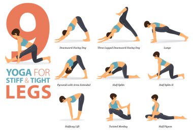 Infographic 9 Yoga düz dizaynlı Stiff ve Sıkı Bacaklı kavramında evde egzersiz için poz veriyor. Kadınlar vücut esneme egzersizi yapıyor. Fitness bilgisi için yoga duruşu ya da asana. Düz Çizgi film Vektör İllüstrasyonu.