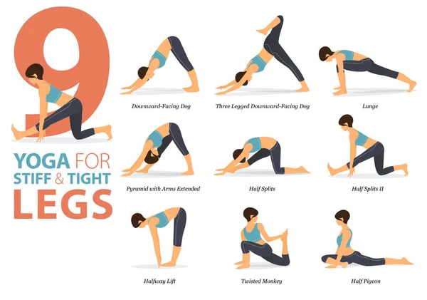 Infografis Yoga Berpose Untuk Latihan Rumah Dalam Konsep Stiff Tight - Stok Vektor