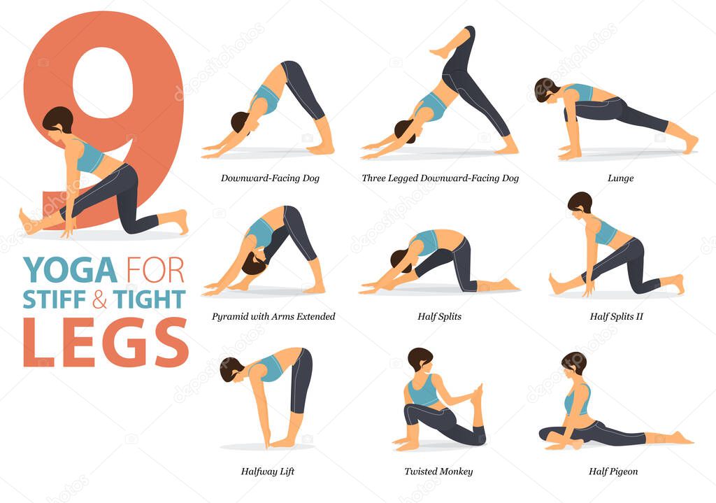 Infographic 9 Yoga poses for workout at home in concept of Stiff and Tight Legs in flat design. Women exercising for body stretching. Yoga posture or asana for fitness infographic. Flat Cartoon Vector Illustration.