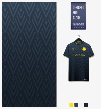Futbol forması desenli tasarım. Futbol takımı, futbol takımı, bisiklet, e-spor, basketbol, tişört modelleme şablonu için siyah soyut arkaplanda geometrik desen. Kumaş deseni. Spor geçmişi. Vektör İllüstrasyonu.