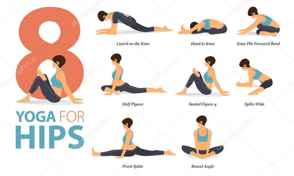 Infographic 9 Yoga poses for workout at home in concept of Yoga for Hips in flat design. Women exercising for body stretching. Yoga posture or asana for fitness infographic. Flat Cartoon Vector Illustration.