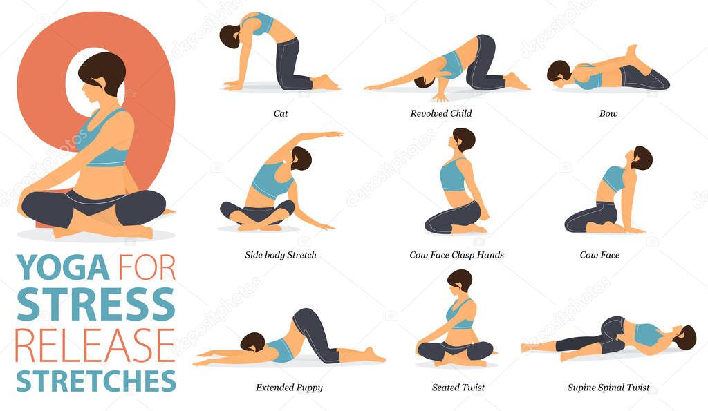 Infographic 9 Yoga poses for workout at home in concept of Stress Release Stretches in flat design. Women exercising for body stretching. Yoga posture or asana for fitness infographic. Flat Cartoon Vector Illustration.