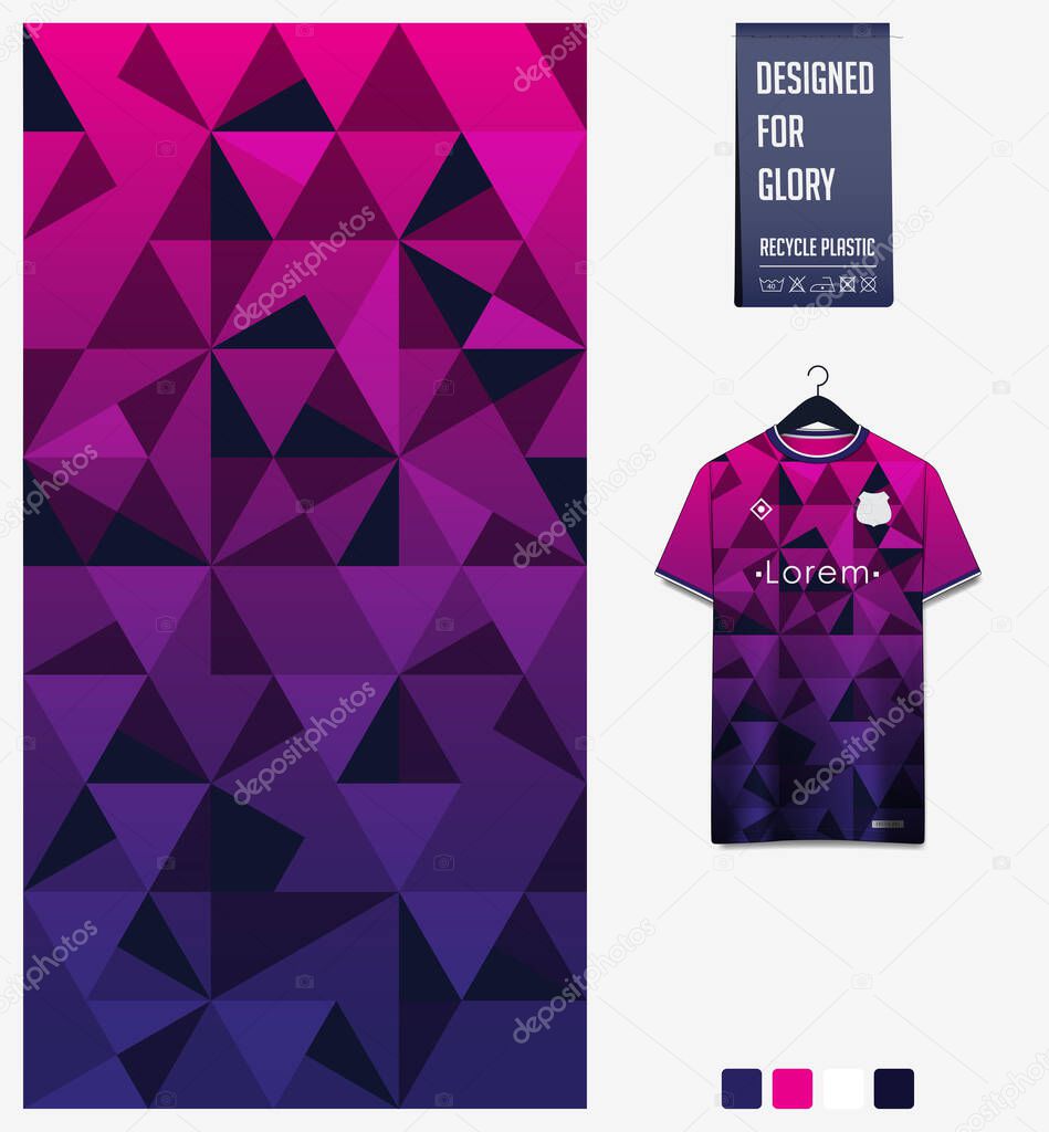 Soccer jersey pattern design. Geometric pattern on Violet abstract background for soccer kit, football kit, bicycle, e-sport, basketball, t-shirt mockup template. Fabric pattern. Sport background. Vector Illustration.