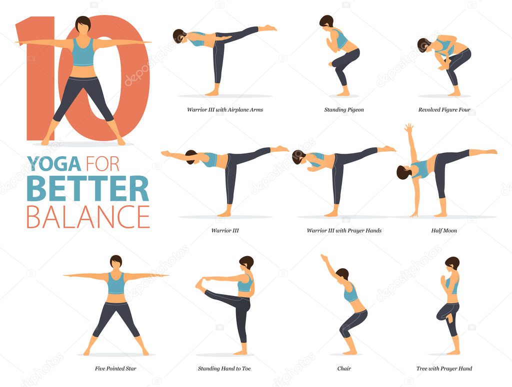 Infographic 10 Yoga poses for workout at home in concept of Better Balance in flat design. Women exercising for body stretching. Yoga posture or asana for fitness infographic. Flat Cartoon Vector Illustration.