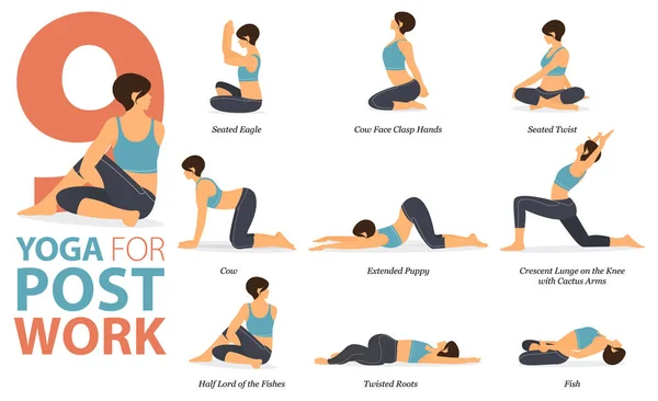 Infographic Yoga Poses Workout Home Concept Post Work Flat Design — ストックベクタ