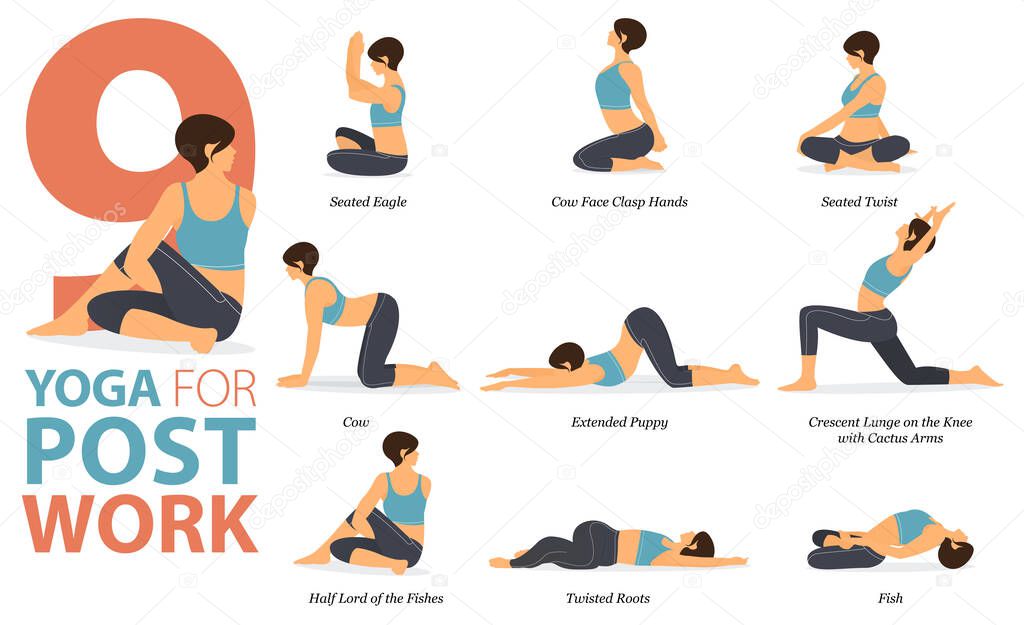 Infographic 9 Yoga poses for workout at home in concept of Post Work in flat design. Women exercising for body stretching. Yoga posture or asana for fitness infographic. Flat Cartoon Vector Illustration.
