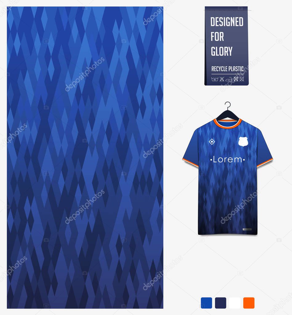Soccer jersey pattern design. Geometric pattern on blue abstract background for soccer kit, football kit, bicycle, e-sport, basketball, t-shirt mockup template. Fabric pattern. Sport background. Vector Illustration.