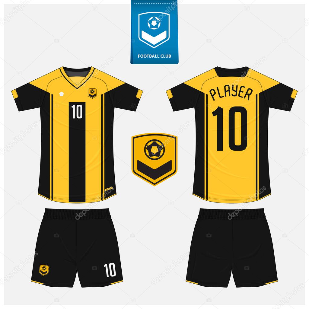 Soccer jersey or football kit mockup template design for sport club. Football shirt, shorts mockup. Soccer uniform in front view, back view. Soccer logo in flat design. Vector Illustration.