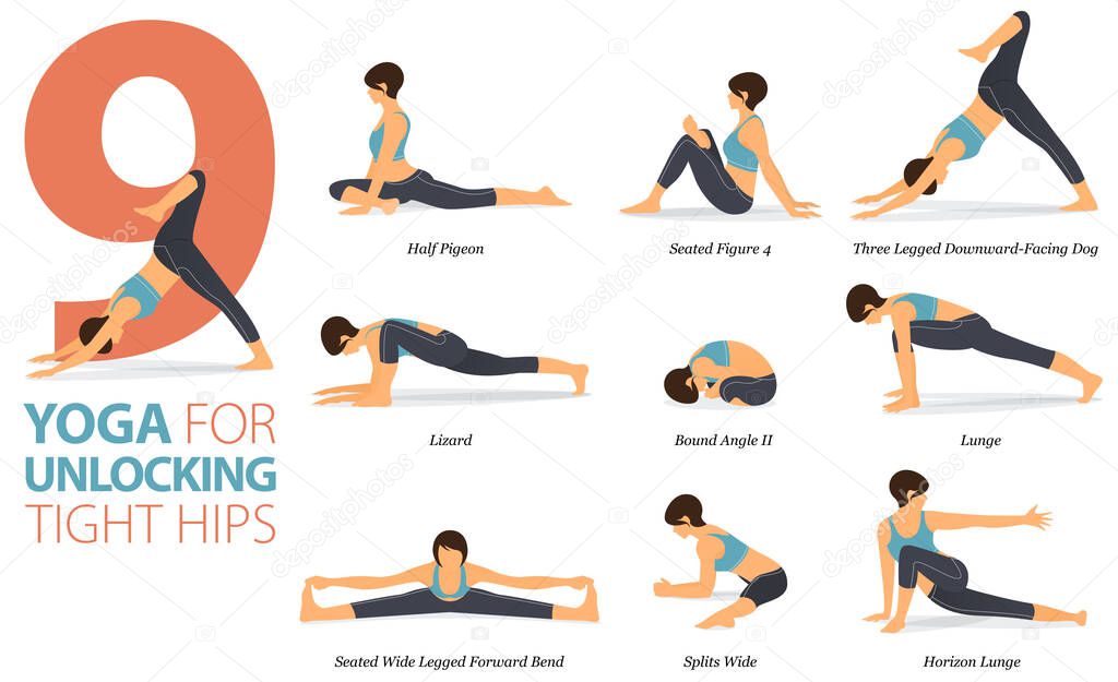 Infographic 9 Yoga poses for workout at home in concept of Unlocking Tight Hips in flat design. Women exercising for body stretching. Yoga posture or asana for fitness infographic. Flat Cartoon Vector Illustration.