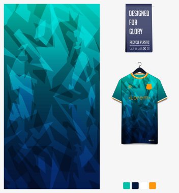 Futbol forması desenli tasarım. Futbol takımı, futbol takımı, bisiklet, e-spor, basketbol, tişört modelleme şablonu için yeşil soyut arkaplan üzerindeki geometrik desen. Kumaş deseni. Spor geçmişi. Vektör İllüstrasyonu.