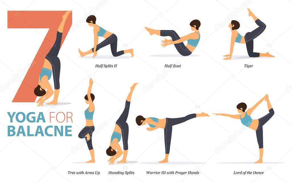 Infographic 7 Yoga poses for workout at home in concept of body balance in flat design. Women exercising for body stretching. Yoga posture or asana for fitness infographic. Flat Cartoon Vector Illustration.