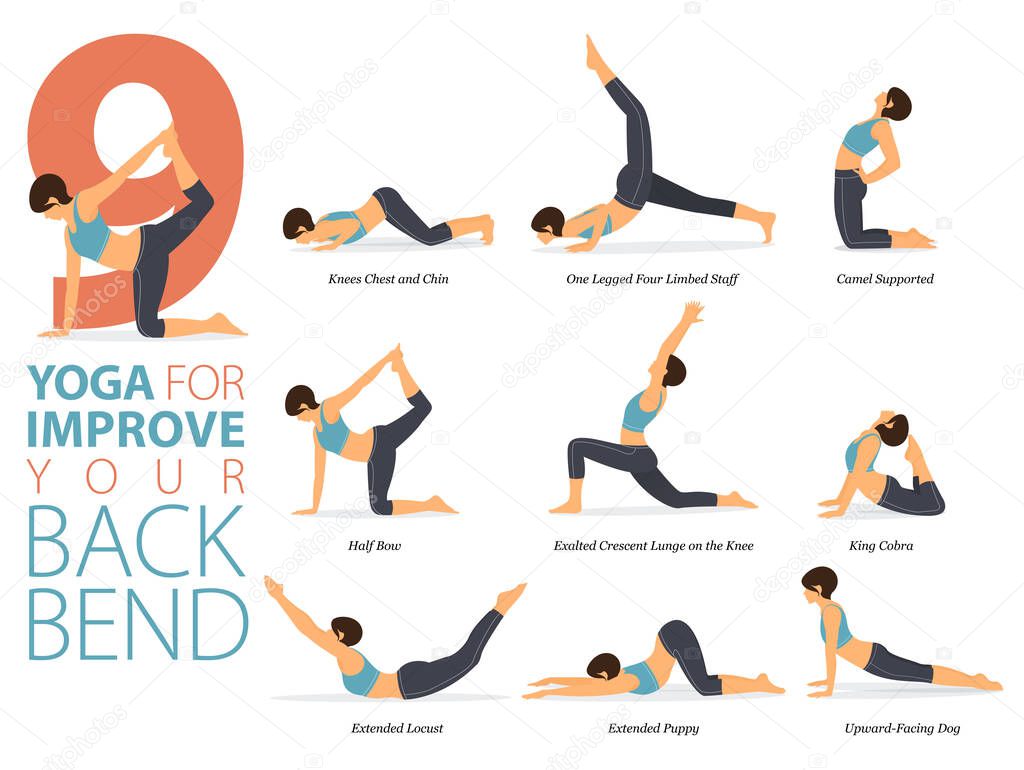 Infographic 9 Yoga poses for workout at home in concept of improve back bend in flat design. Women exercising for body stretching. Yoga posture or asana for fitness infographic. Flat Cartoon Vector Illustration.