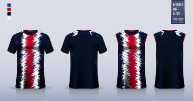 Futbol forması ya da futbol takımı için tişört modeli ya da spor gömlek şablonu tasarımı. Basketbol forması ya da koşu atleti için kolsuz bluz. Spor üniforması için kumaş deseni ön planda. Vektör İllüstrasyonu.