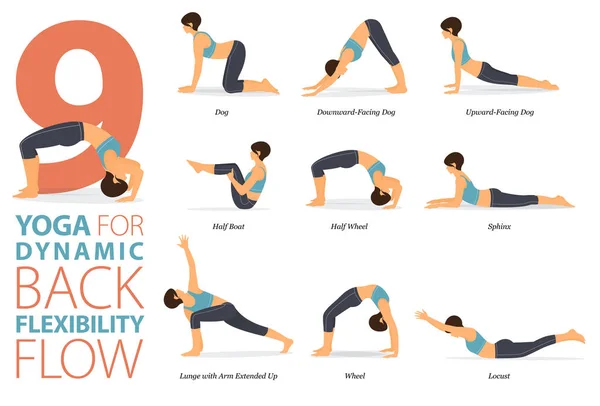 Infographic Jóga Představuje Pro Cvičení Doma Konceptu Zpětné Flexibility Plochém — Stockový vektor