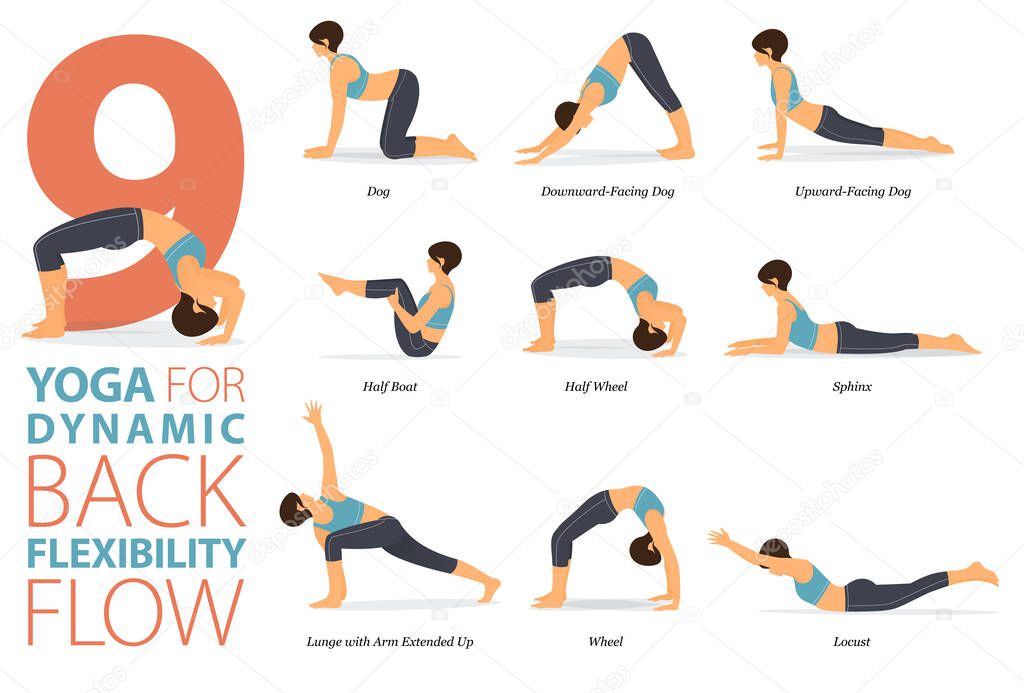 Infographic 9 Yoga poses for workout at home in concept of back flexibility in flat design. Women exercising for body stretching with yoga chair. Yoga posture or asana for fitness infographic. Flat Cartoon Vector Illustration.