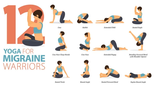 Infographic Yoga Stelt Voor Workout Thuis Concept Van Migraine Krijgers — Stockvector