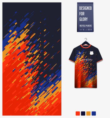 Futbol forması desenli tasarım. Futbol takımı, futbol takımı ya da spor üniforması için renkli arka planda soyut desen. Tişört modeli şablonu. Kumaş deseni. Spor arkaplanı. 