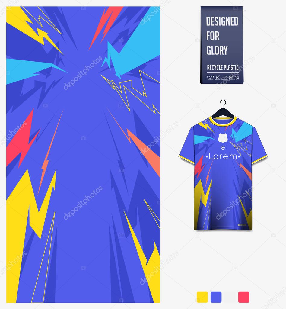 Soccer jersey pattern design.  Abstract pattern on colorful background for soccer kit, football kit or sports uniform. T-shirt mockup template. Fabric pattern. Sport background. 