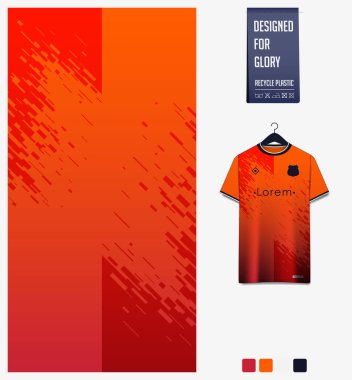 Futbol forması desenli tasarım. Futbol takımı, futbol takımı, bisiklet, e-spor, basketbol, tişört modelleme şablonu için turuncu arka planda soyut desen. Kumaş deseni. Soyut arkaplan. Vektör İllüstrasyonu.
