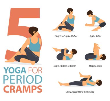 Infographic 5 Yoga, düz tasarımda periyot krampları kavramında evde egzersiz için poz veriyor. Kadınlar vücut esneme egzersizi yapıyor. Fitness bilgisi için yoga duruşu ya da asana. Düz Çizgi film Vektör İllüstrasyonu.