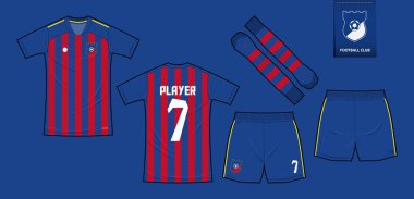 Futbol forması ya da spor kulübü için futbol takımı şablonu tasarımı. Futbol tişörtü sporu, şort, çorap modeli. Futbol forması ön tarafta, arka planda. Düz dizaynlı futbol logosu. Vektör İllüstrasyonu.
