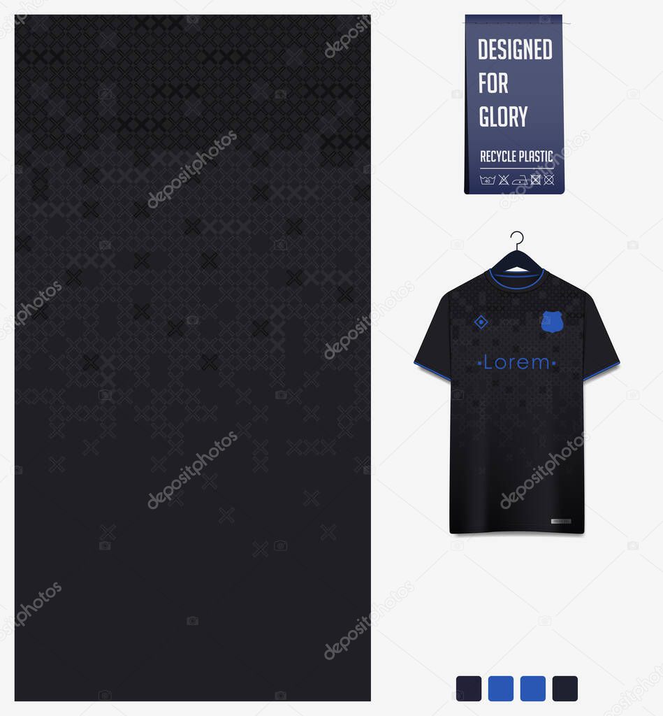 Soccer jersey pattern design. Geometric pattern on black background for soccer kit, football kit, bicycle, e-sport, basketball, t-shirt mockup template. Fabric pattern. Abstract background. Vector Illustration.
