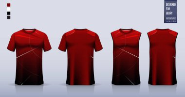 Futbol forması ya da futbol takımı için tişört modeli ya da spor gömlek şablonu tasarımı. Basketbol forması ya da koşu atleti için kolsuz bluz. Spor üniforması için kumaş deseni ön planda. Vektör İllüstrasyonu.