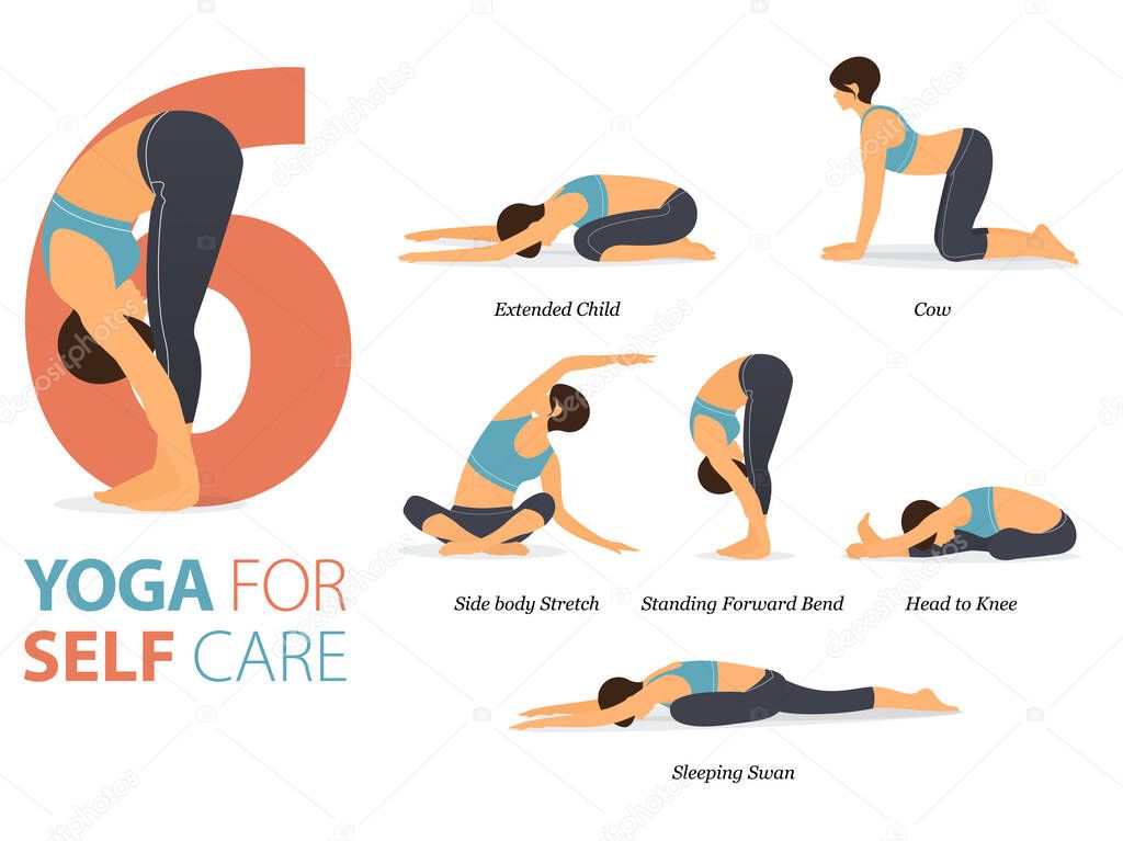 Infographic 6 Yoga poses for workout at home in concept of self care in flat design. Women exercising for body stretching. Yoga posture or asana for fitness infographic. Flat Cartoon Vector Illustration.