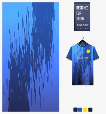 Futbol forması desenli tasarım. Futbol takımı, futbol takımı, bisiklet, e-spor, basketbol, tişört modelleme şablonu için mavi arka planda soyut desen. Kumaş deseni. Soyut arkaplan. Vektör İllüstrasyonu.