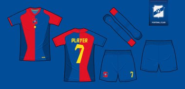 Futbol forması ya da spor kulübü için futbol takımı şablonu tasarımı. Futbol tişörtü sporu, şort, çorap modeli. Futbol forması ön tarafta, arka planda. Düz dizaynlı futbol logosu. Vektör İllüstrasyonu.