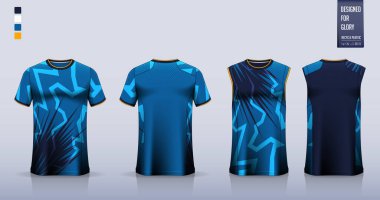 Futbol forması ya da futbol takımı için tişört modeli ya da spor gömlek şablonu tasarımı. Basketbol forması ya da koşu atleti için kolsuz bluz. Spor üniforması için kumaş deseni ön planda. Vektör İllüstrasyonu.
