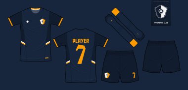 Futbol forması ya da spor kulübü için futbol takımı şablonu tasarımı. Futbol tişörtü sporu, şort, çorap modeli. Futbol forması ön tarafta, arka planda. Düz dizaynlı futbol logosu. Vektör İllüstrasyonu.