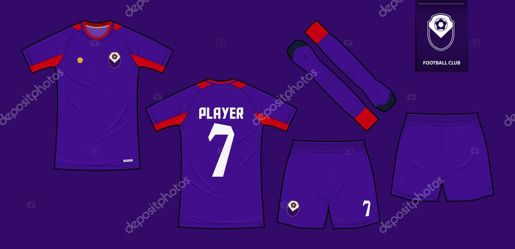 Soccer jersey or football kit mockup template design for sport club. Football t-shirt sport, shorts, sock mock up. Soccer uniform in front view, back view. Soccer logo in flat design. Vector Illustration.