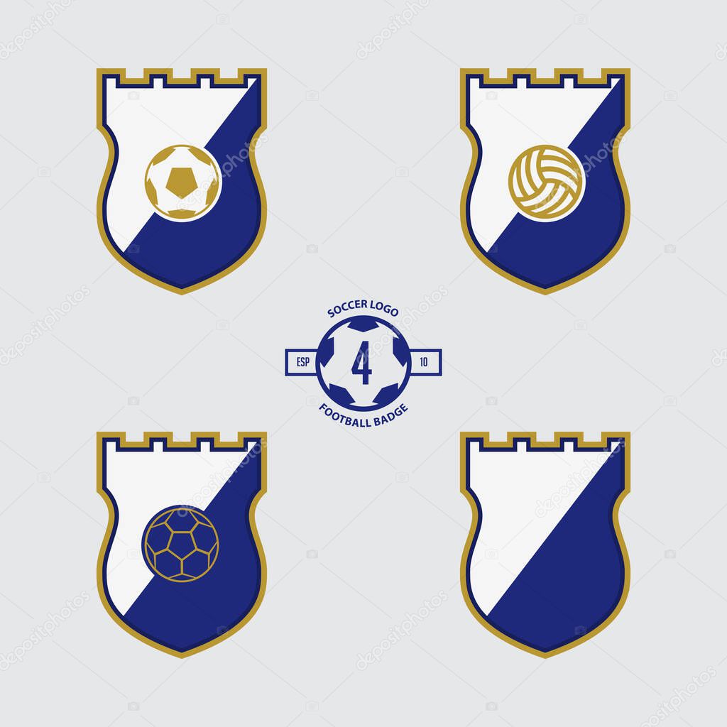 Soccer Badge or Football Logo Design for football team. Emblem design of 3 style soccer ball and a shield in flat design. Football club crest icon. Vector Illustration.