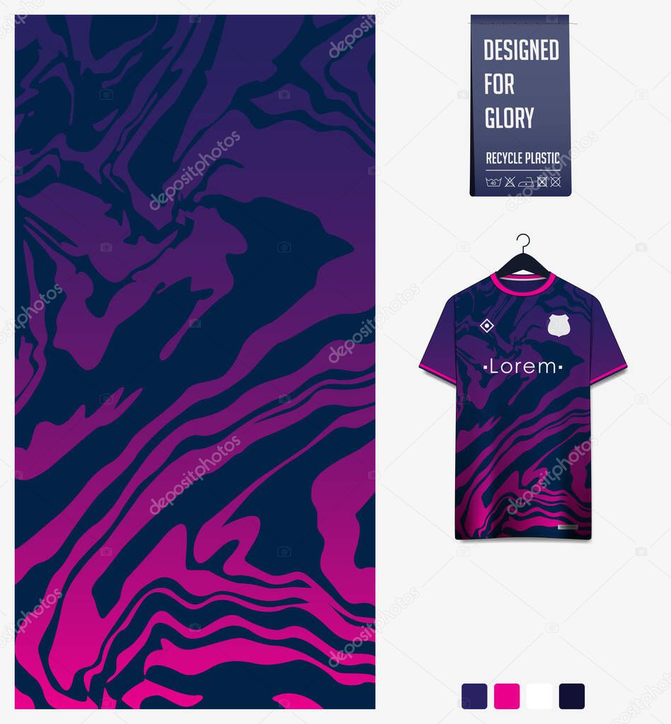 Soccer jersey pattern design. Abstract pattern on violet background for soccer kit, football kit, bicycle, e-sport, basketball, t-shirt mockup template. Fabric pattern. Abstract background. Vector Illustration.