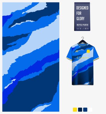 Futbol forması desenli tasarım. Futbol takımı, futbol takımı, bisiklet, e-spor, basketbol, tişört modelleme şablonu için mavi arka planda soyut desen. Kumaş deseni. Soyut arkaplan. Vektör İllüstrasyonu.