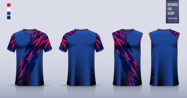 Futbol forması ya da futbol takımı için tişört modeli ya da spor gömlek şablonu tasarımı. Basketbol forması ya da koşu atleti için kolsuz bluz. Spor üniforması için kumaş deseni ön planda. Vektör İllüstrasyonu.