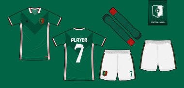 Futbol forması ya da spor kulübü için futbol takımı şablonu tasarımı. Futbol tişörtü sporu, şort, çorap modeli. Futbol forması ön tarafta, arka planda. Düz dizaynlı futbol logosu. Vektör İllüstrasyonu.