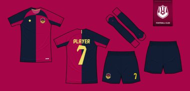 Futbol forması ya da spor kulübü için futbol takımı şablonu tasarımı. Futbol tişörtü sporu, şort, çorap modeli. Futbol forması ön tarafta, arka planda. Düz dizaynlı futbol logosu. Vektör İllüstrasyonu.