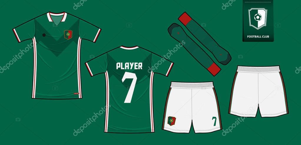 Soccer jersey or football kit mockup template design for sport club. Football t-shirt sport, shorts, sock mock up. Soccer uniform in front view, back view. Soccer logo in flat design. Vector Illustration.