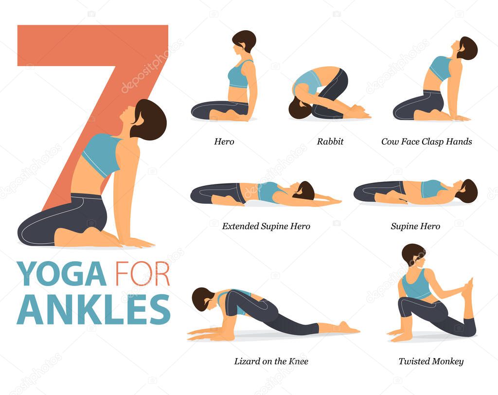 Infographic 7 Yoga poses for workout at home in concept of ankle stretch in flat design. Women exercising for body stretching. Yoga posture or asana for fitness infographic. Flat Cartoon Vector Illustration.