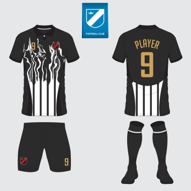 Futbol forması ya da futbol kulübü için futbol takımı tasarımı. Futbol tişörtü, kısa, çorap şablonu. Futbol forması ön tarafta, arka planda. Düz dizaynlı futbol logosu. Vektör İllüstrasyonu. 