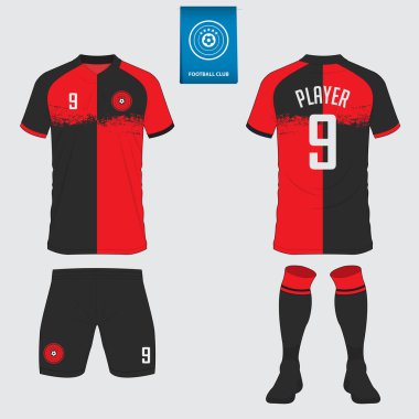 Futbol forması ya da futbol kulübü için futbol takımı tasarımı. Futbol tişörtü, kısa, çorap şablonu. Futbol forması ön tarafta, arka planda. Düz dizaynlı futbol logosu. Vektör İllüstrasyonu. 