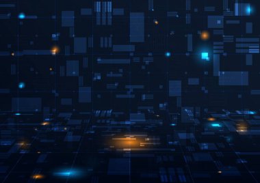 Futuristic digital background with glowing data blocks and technology grid. Abstract cyber network design representing innovation, data flow, and digital connection. Vector Illustration.